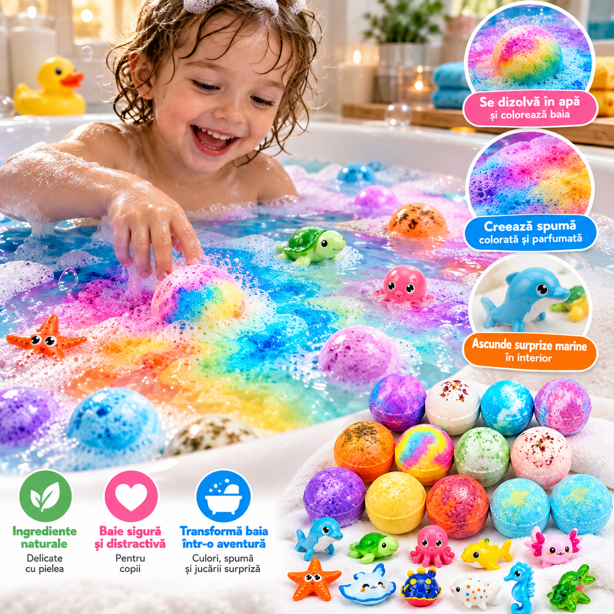 Set 12 Bombe de Baie Efervescente cu Surprize Marine – Colorate și Parfumate