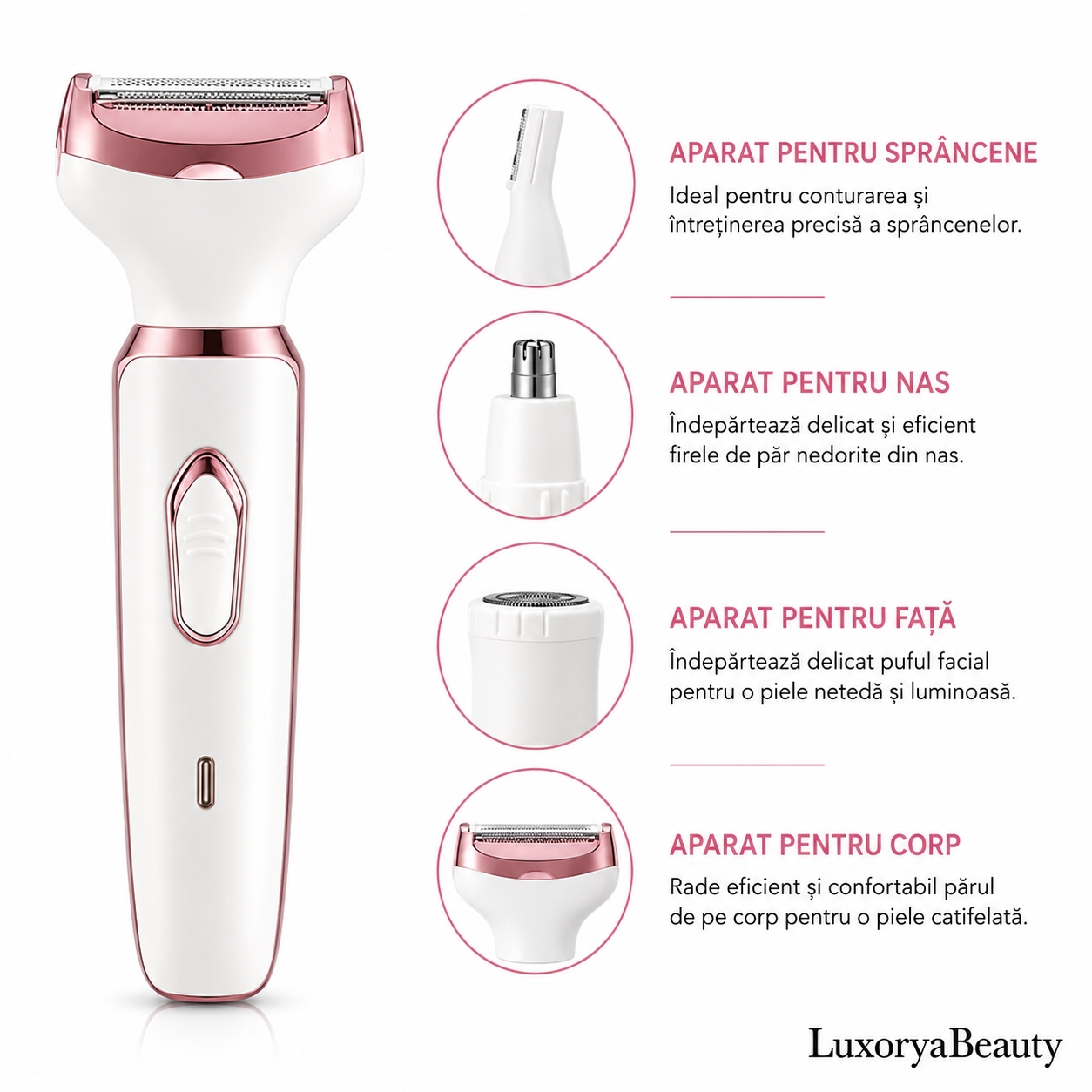 Aparat de Ras Electric 4-în-1 pentru Femei + Ulei de Corp Cadou | Epilator Facial și Corporal Reîncărcabil USB