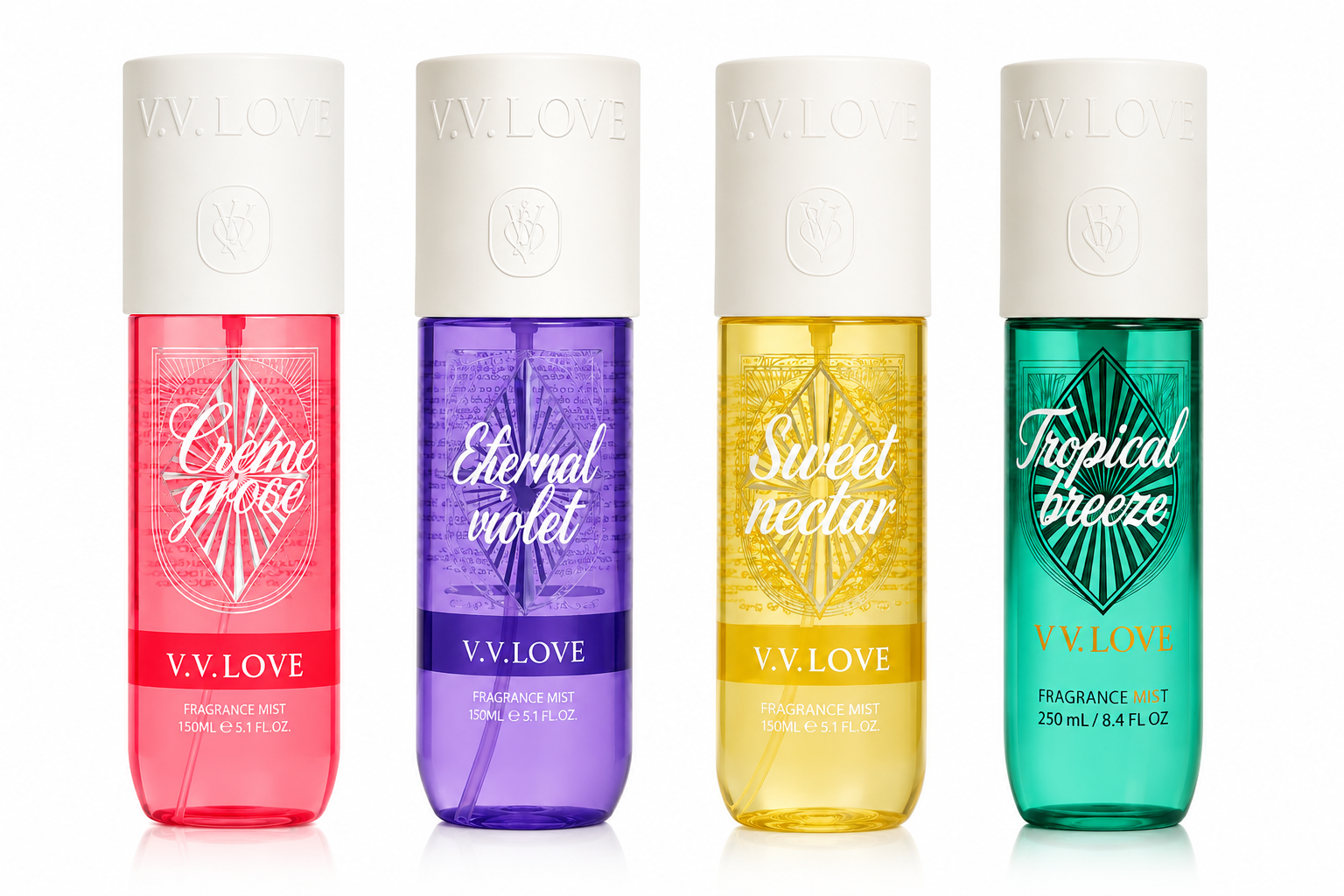 Set 4 Parfumuri pentru Corp V.V. Love – Sweet Nectar, Eternal Violet, Crème Rose & Tropical Breeze