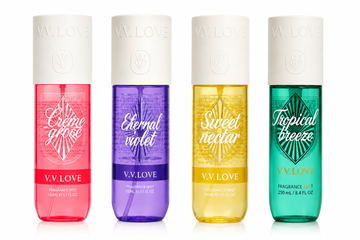 Set 4 Parfumuri pentru Corp V.V. Love – Sweet Nectar, Eternal Violet, Crème Rose & Tropical Breeze