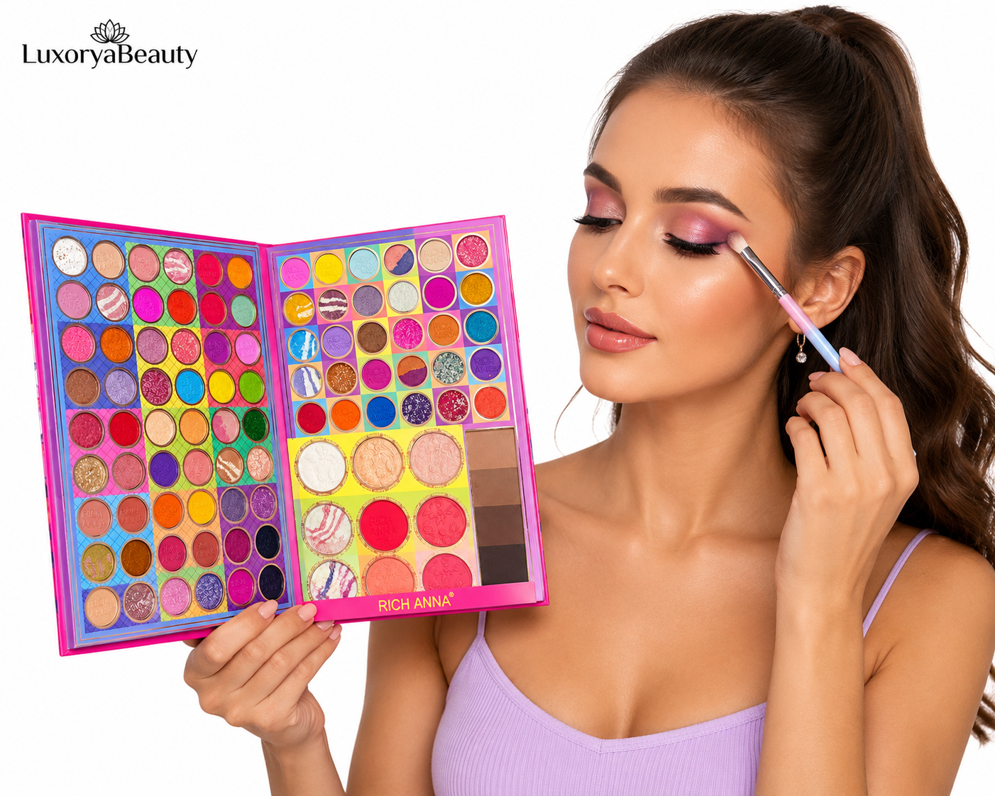 Trusă Profesională Machiaj Multifuncțională Romanky 2207 – 78 Farduri Ochi Mate, Sidefate și Glitter, Blush, Iluminator și Contur