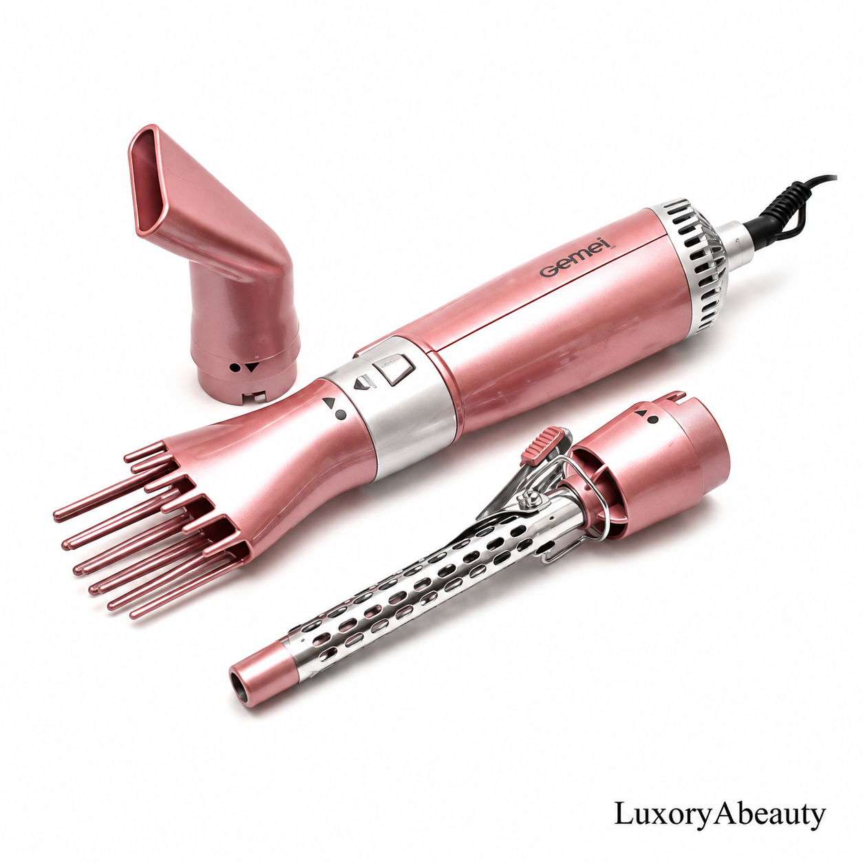 Uscător de Păr Profesional 7 în 1 Gemei GM-4831, 2200W - Display LED, 7 Accesorii Interschimbabile, Peri Retractabili, Cablu Rotativ 360° și Culoare Pink: Styling de Salon, Volum și Protecție Termică