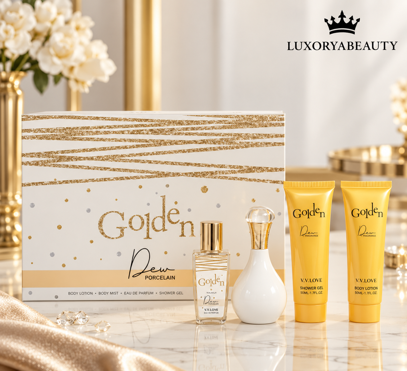 Set parfum femei Golden Dew Porcelain  cu parfum 30 ml, body mist 30 ml, loțiune de corp 50 ml și gel de duș 50 ml.