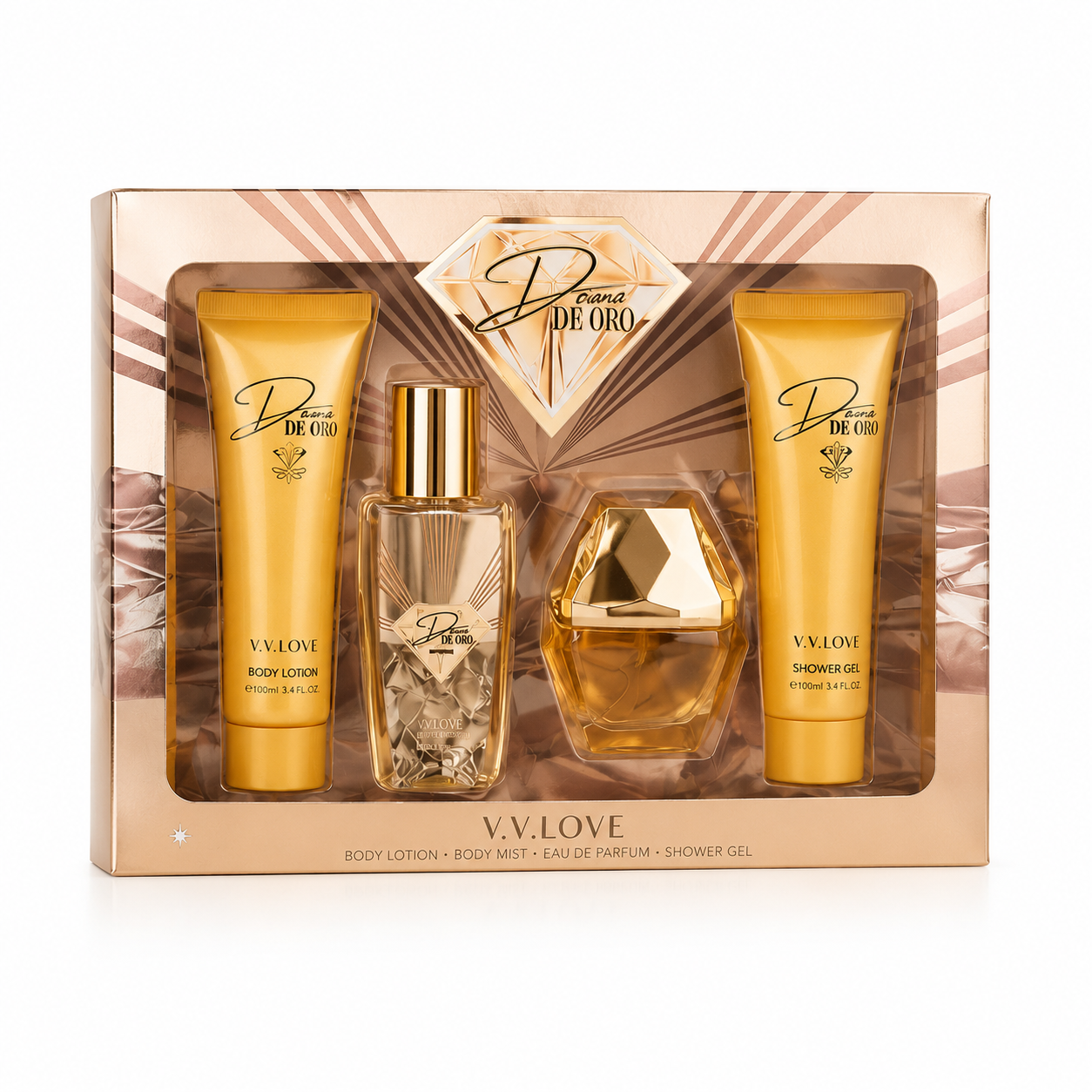 Set Cadou Dama De Oro 4 Piese Luxury – Parfum, Body Mist, Body Lotion și Shower Gel
