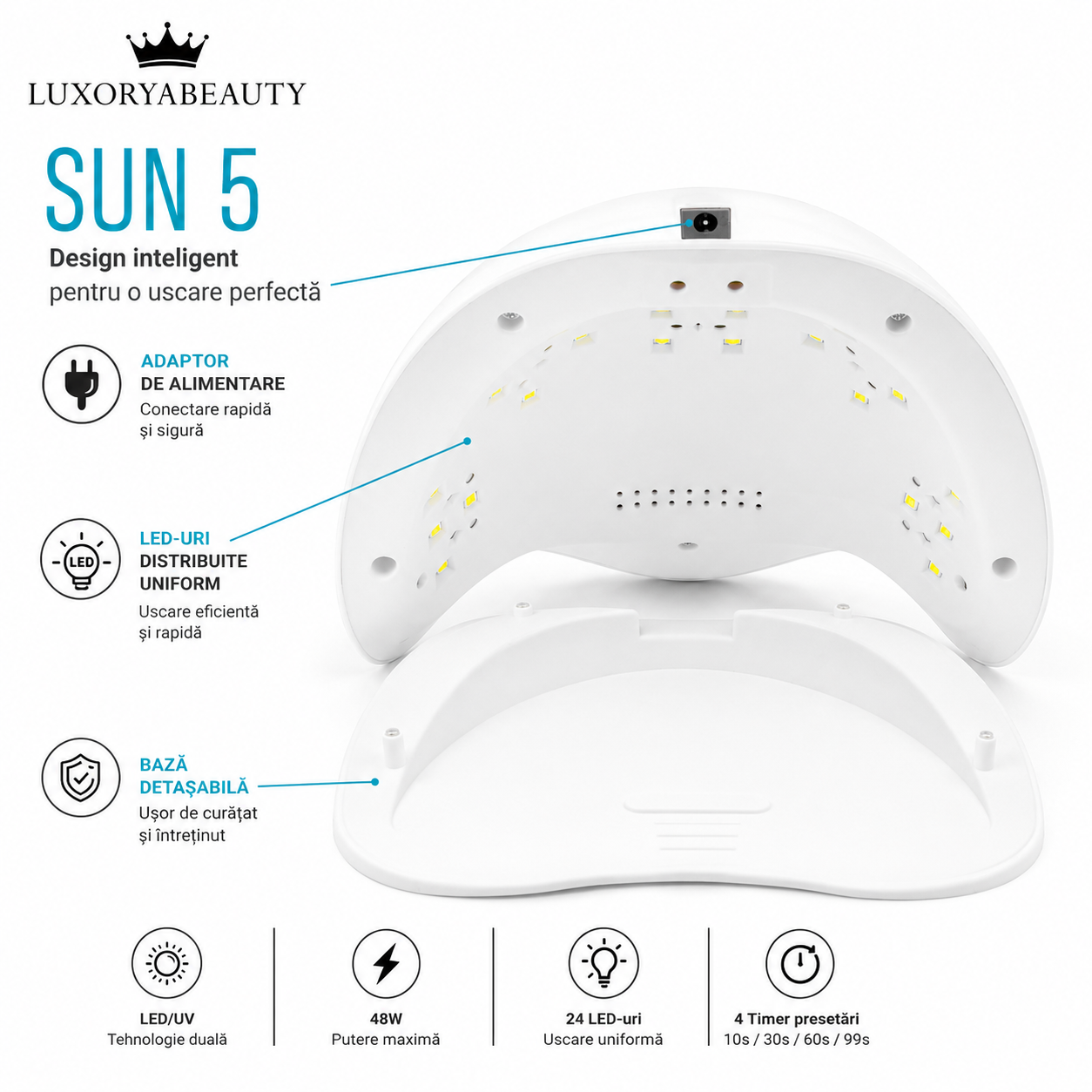 Lampă UV LED SUN5 48W cu Display Digital și 24 LED-uri – Uscare Rapidă pentru Gel UV, Ojă Semipermanentă și Polygel | LUXORYABEAUTY