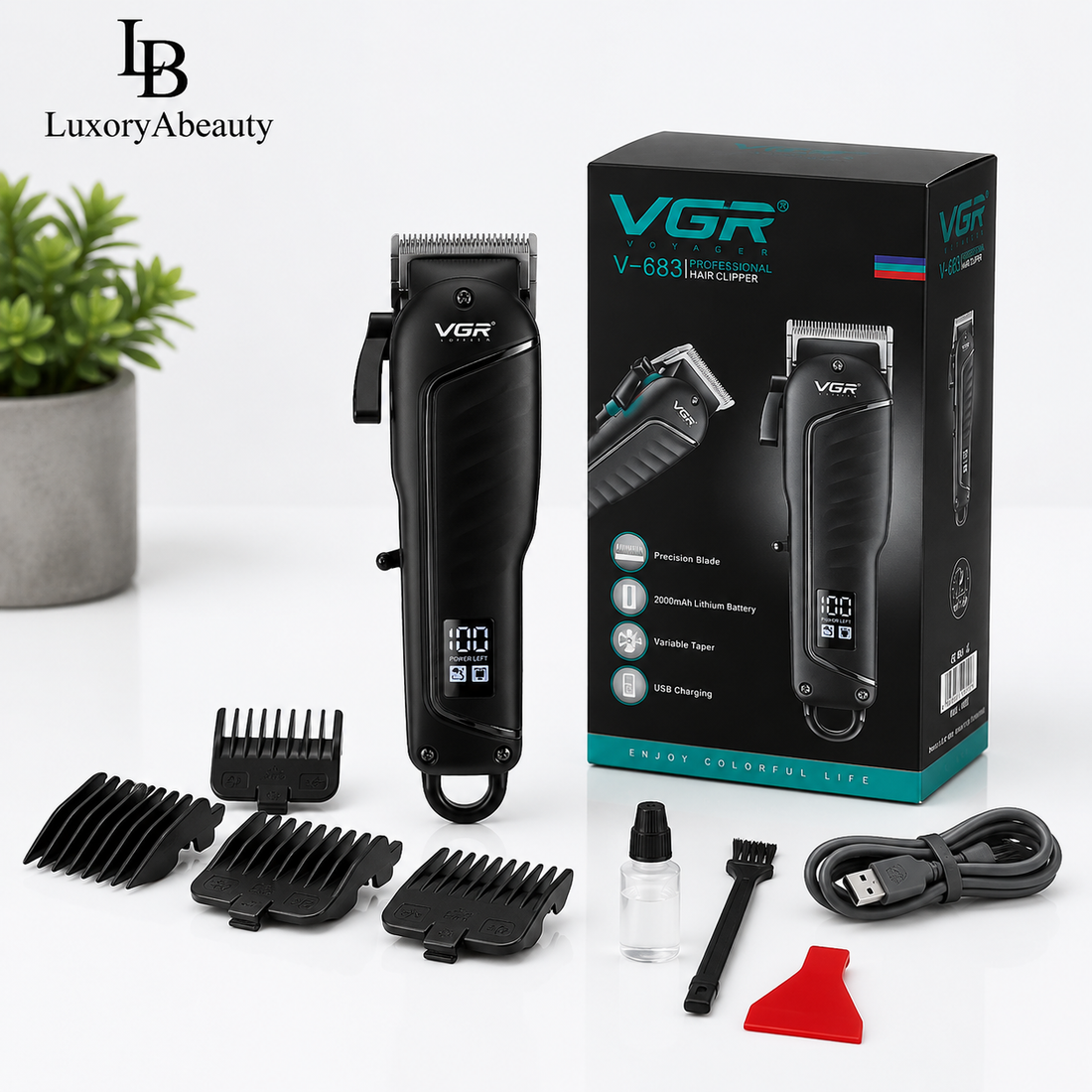 Aparat de Tuns Profesional VGR V-683 - 2000mAh, Lame din Oțel Inoxidabil, Autonomie 200 min, Încărcare USB, 4 Piepteni de Tăiere