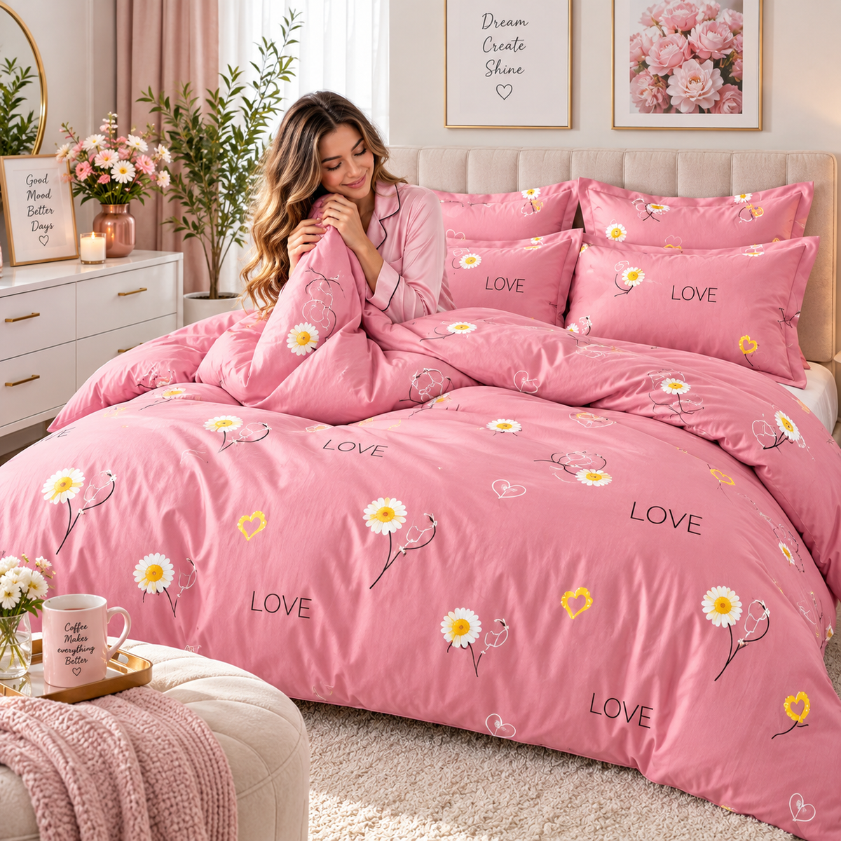 Lenjerie de Pat Finet 4 Piese – Model LOVE Floral