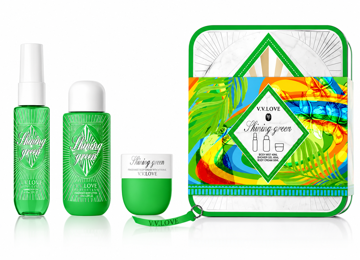 Set Cadou Shining Green – Spray de corp 40 ml, Cremă de Corp 50 ml și Gel de Baie 90 ml