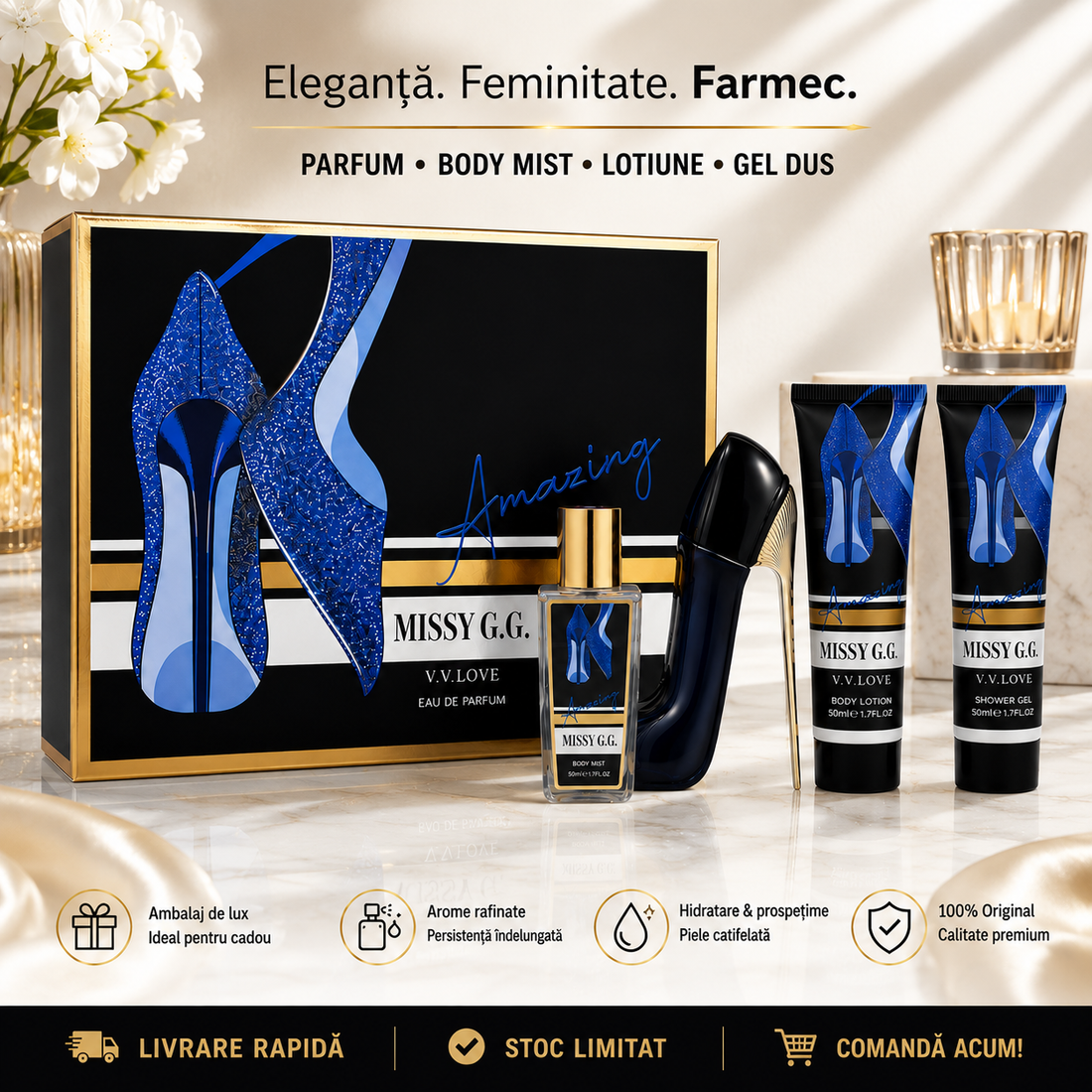Set  Parfum pentru Femei Amazing Missy G.G. – Body Mist, Loțiune de Corp și Gel de Duș, 4 Piese