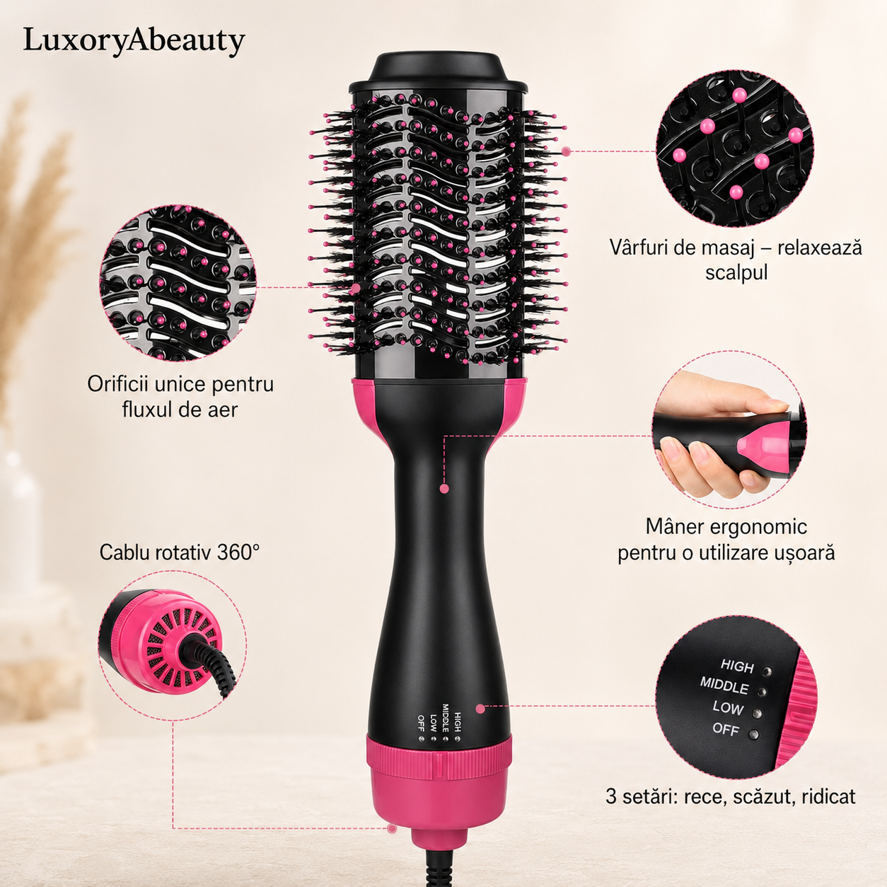 Perie Uscător Electric PerfectHair - 3 Setări Reglabile, Uscare și Coafare Simultană, Tehnologie cu Ioni Anti-Statici, Volum și Strălucire: Coafură de Salon la Tine Acasă, Rapid și Fără Electrizare