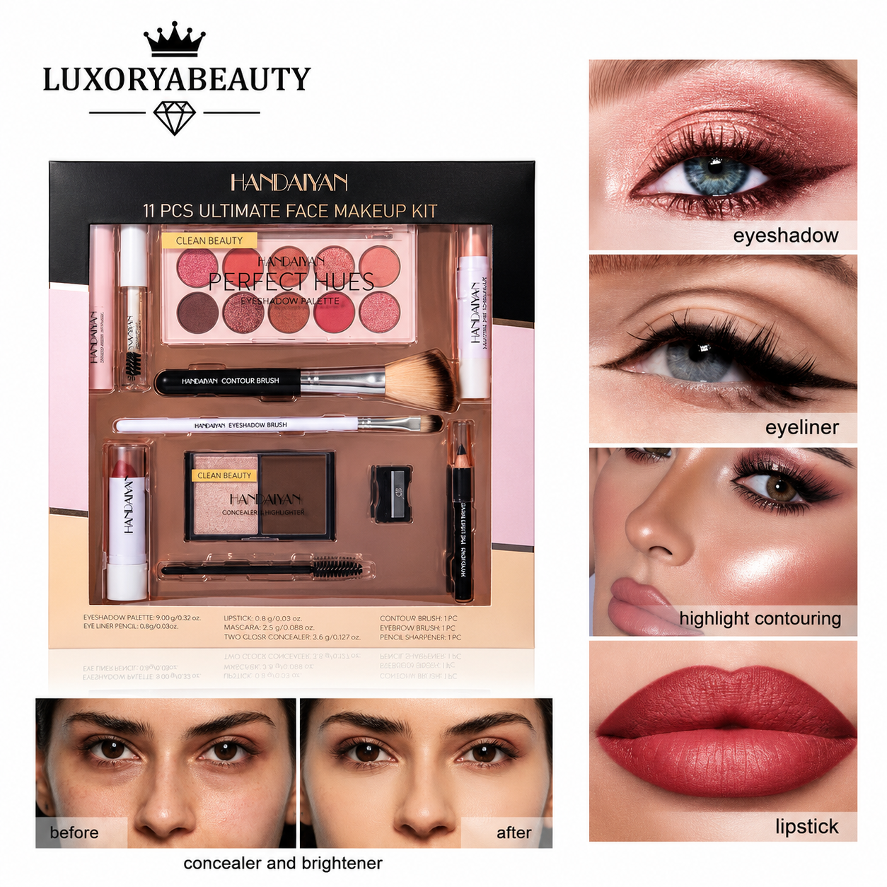 Set Machiaj Complet HANDAIYAN H9010 – 11 Produse Profesionale pentru Machiaj de Zi și Seară | Paletă Farduri, Mascara, Corector, Ruj și Accesorii