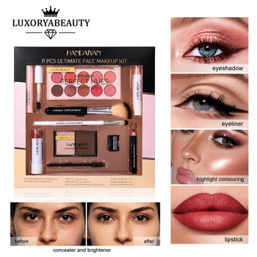 Set Machiaj Complet HANDAIYAN H9010 – 11 Produse Profesionale pentru Machiaj de Zi și Seară | Paletă Farduri, Mascara, Corector, Ruj și Accesorii