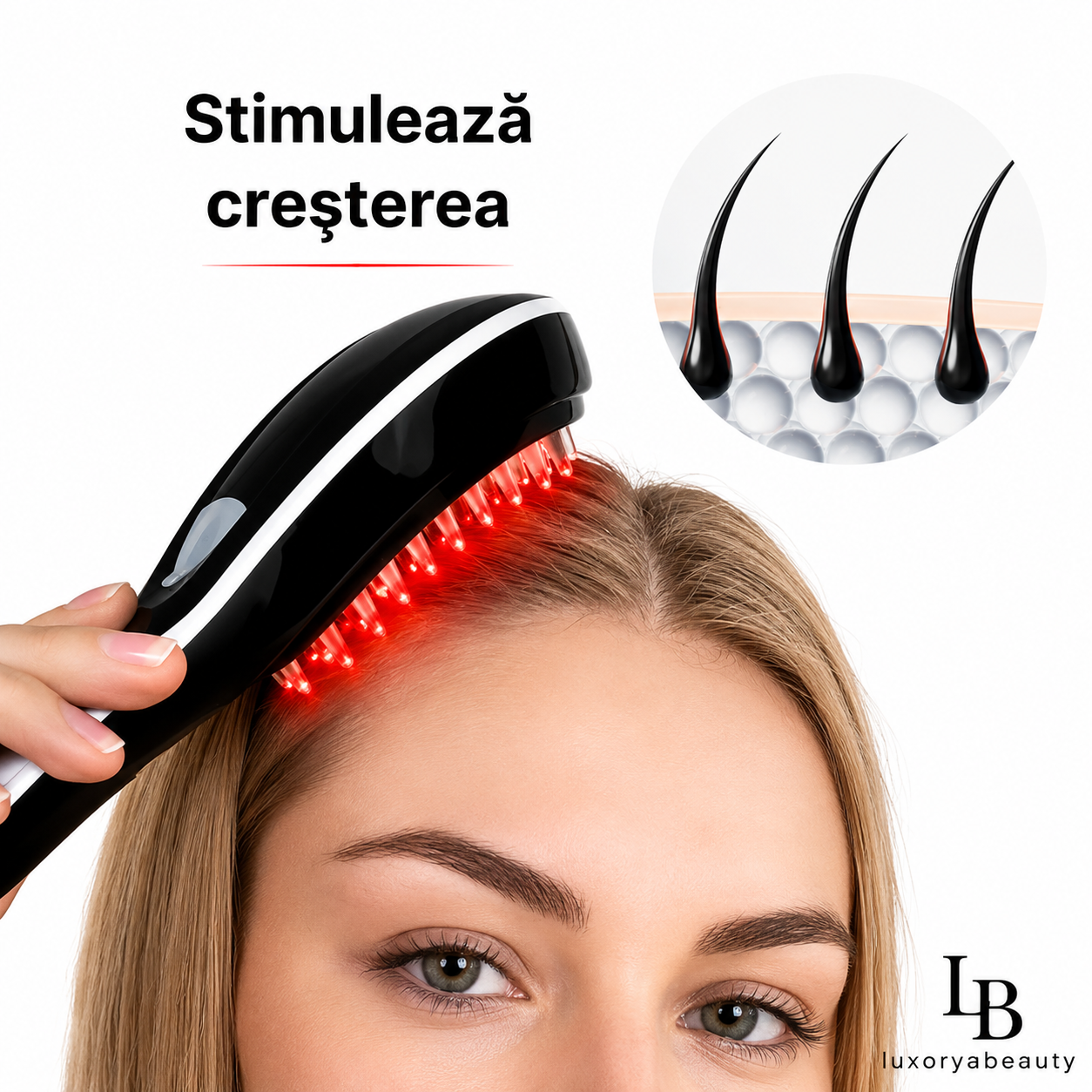 Perie de Masaj 4 în 1 pentru Creșterea Părului cu LED și Vibrații – LuxoryaBeauty