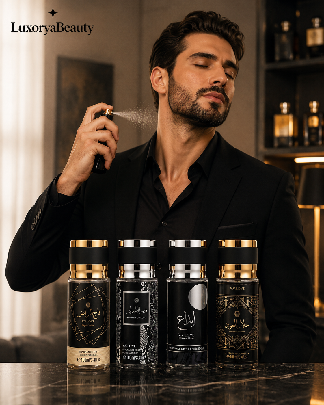 Set 4 Sprayuri Parfumate Arăbești pentru Bărbați VL9058-59 – 4 x 100 ml, Arome Orientale Elegante, Persistență Îndelungată