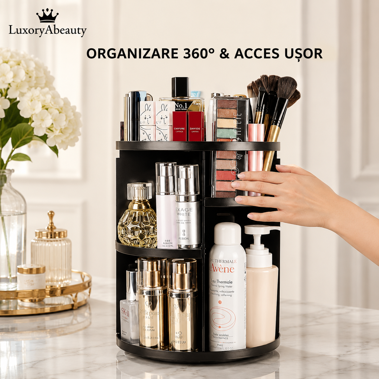 Organizator Cosmetice Rotativ 360° - Suport Multifuncțional pentru Machiaj, Parfumuri, Lacuri de Unghii și Accesorii, Spațios și Practic pentru Baie sau Dormitor