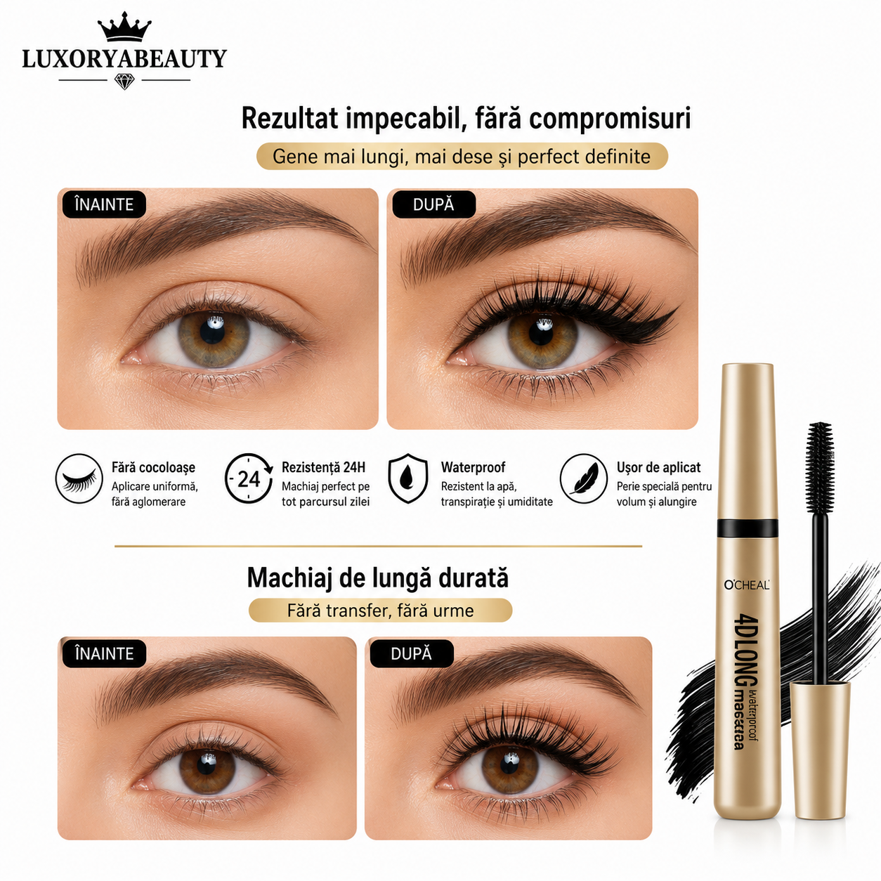 Rimel Negru Ocheal 4D Long Mascara – Efect de Alungire și Volum Natural, Waterproof, Rezistență Îndelungată, Gene Definite și Curbate