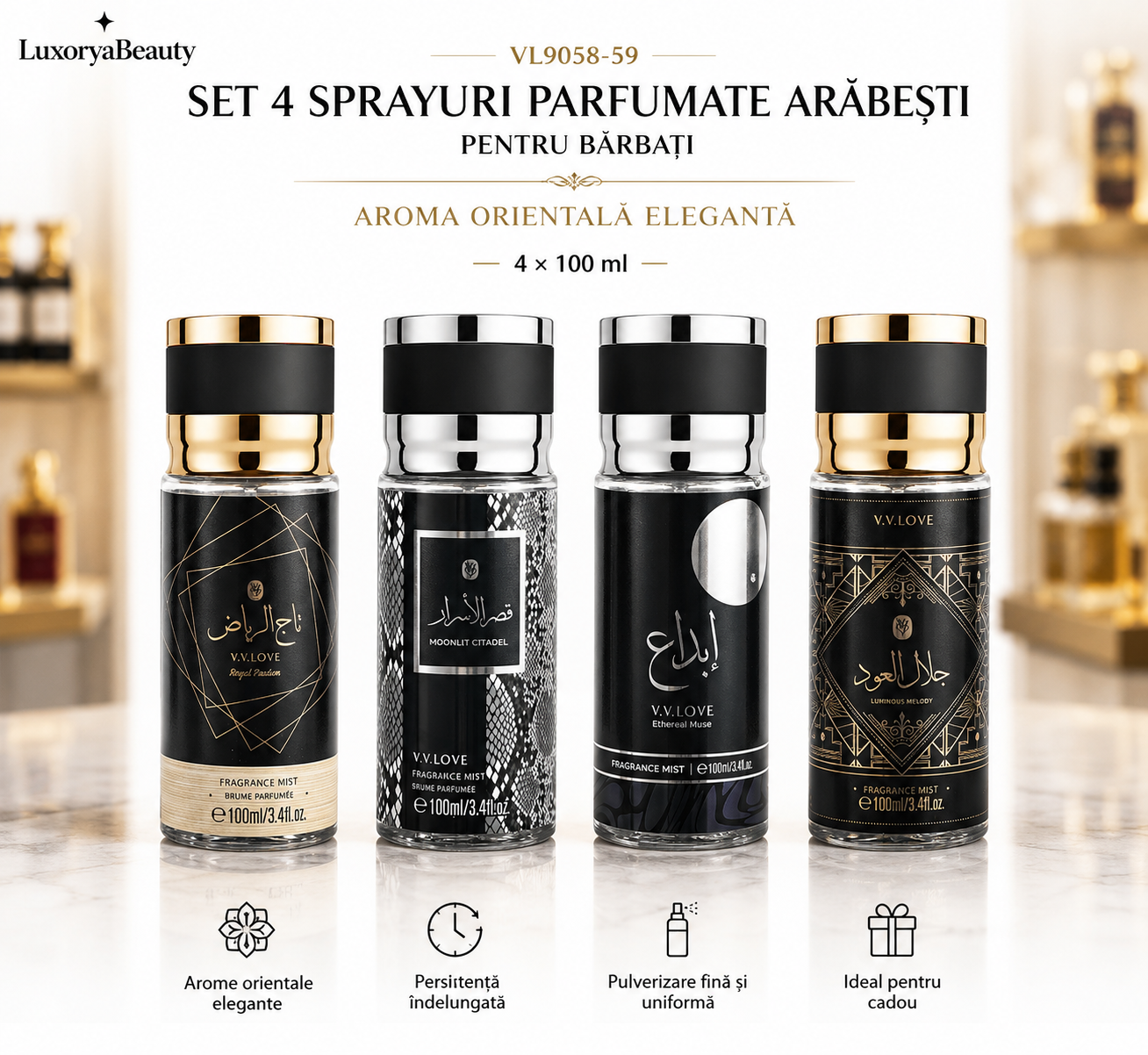 Set 4 Sprayuri Parfumate Arăbești pentru Bărbați VL9058-59 – 4 x 100 ml, Arome Orientale Elegante, Persistență Îndelungată