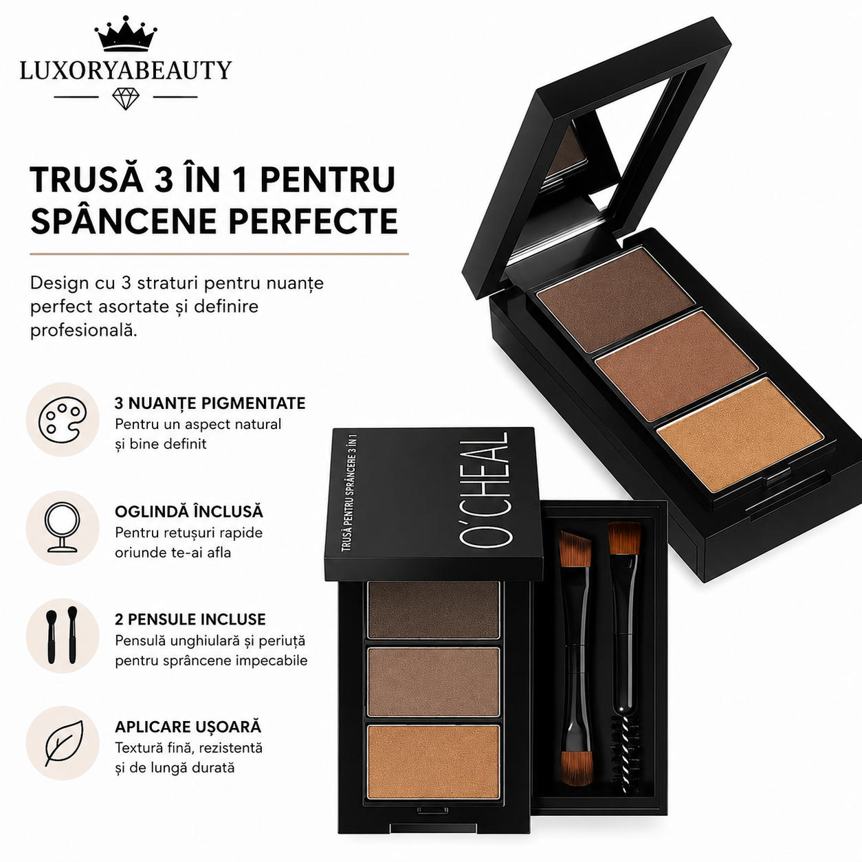 Kit Sprâncene O’Cheal 6990 Profesional – Paletă 3 Culori pentru Sprâncene, Aplicatoare Incluse, Efect Natural și Rezistență Îndelungată