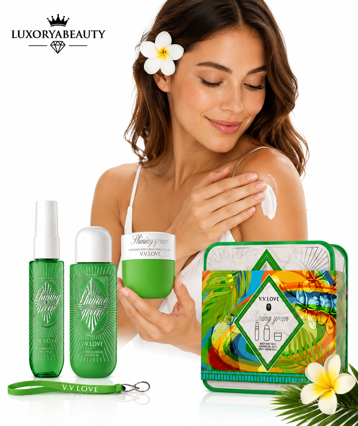 Set Cadou Shining Green – Spray de corp 40 ml, Cremă de Corp 50 ml și Gel de Baie 90 ml