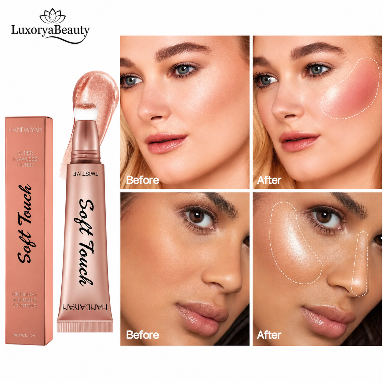 Blush, Iluminator & Contur cu Burete Handaiyan Soft Touch – 3 în 1, Aplicator Cushion, Finish Natural și Luminos