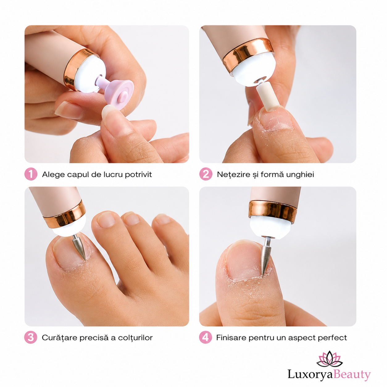 Freza Electrică pentru Unghii Profesională – Manichiură și Pedichiură, 5 Capete, Lumină LED, Încărcare USB, Portabilă | LuxoryaBeauty