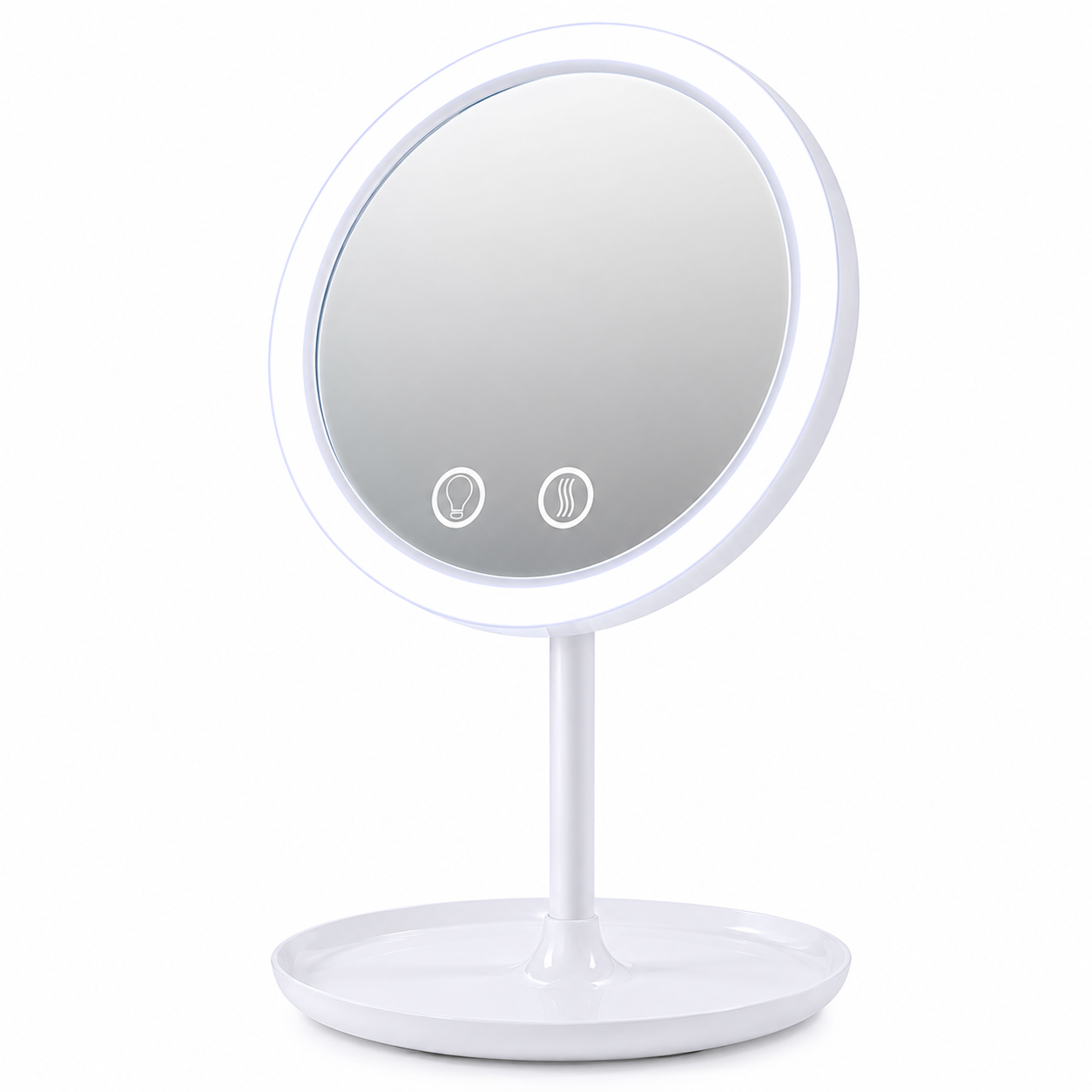 Oglindă LED cu Ventilator, Funcție Touch și Zoom 5X - Înclinare 180°, Alimentare Duală USB și Baterii AA, Dimensiuni 33,5x20x17 cm, Alb
