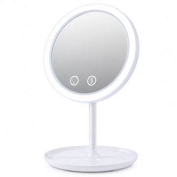 Oglindă LED cu Ventilator, Funcție Touch și Zoom 5X - Înclinare 180°, Alimentare Duală USB și Baterii AA, Dimensiuni 33,5x20x17 cm, Alb