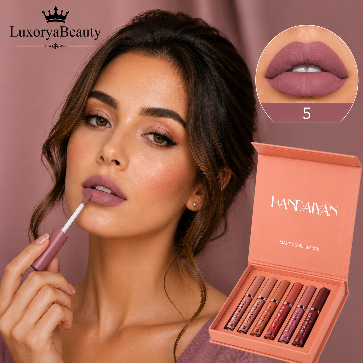 Set Rujuri Lichide Mate Handaiyan 1011B – SET B, 6 Nuanțe Nude & Rose, Rezistente la Transfer