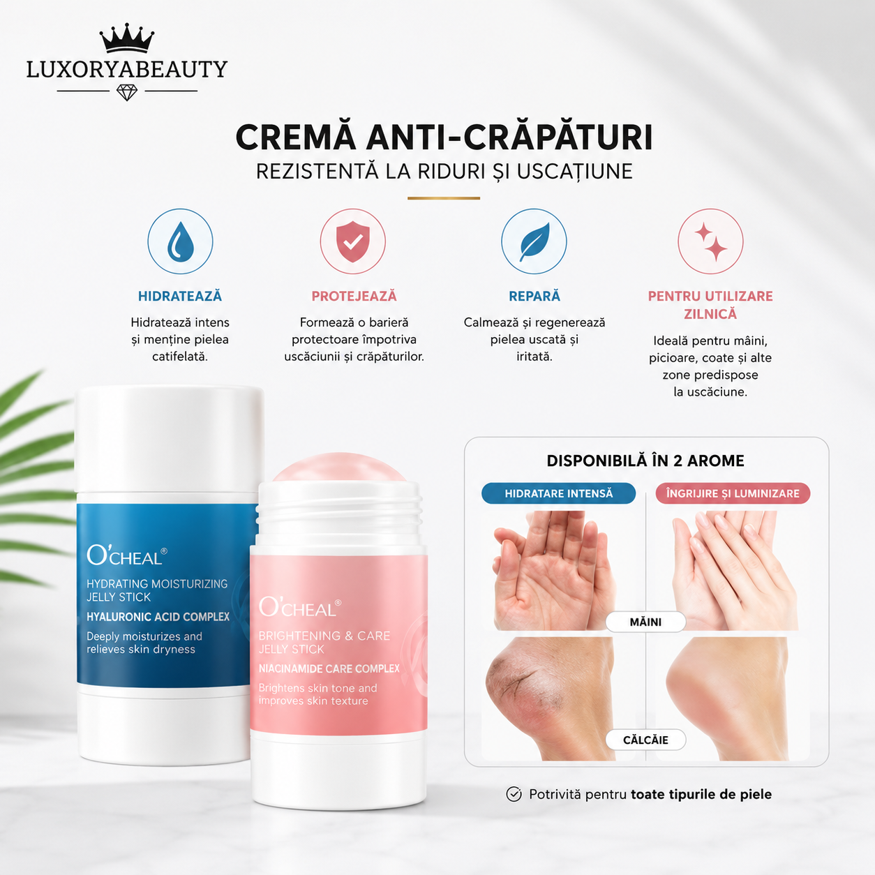 Set 2 Creme Ocheal Anti-Crack pentru Piele Uscată și Crăpată – Hidratare Intensă, Reparare și Protecție pentru Mâini, Călcâie, Coate și Genunchi