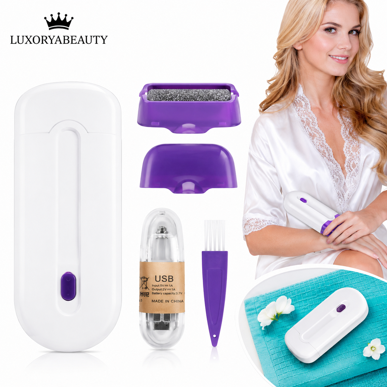 Epilator Portabil cu LED și Funcție Sensa-Light Fără Durere, Reîncărcabil USB, Pentru Față, Brațe și Picioare | LUXORYABEAUTY