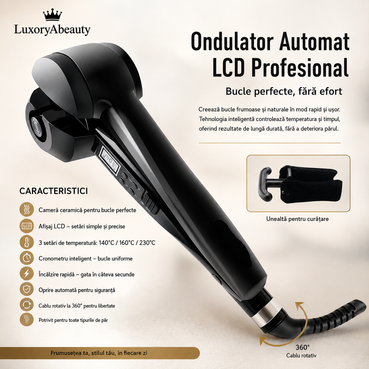 Ondulator de Păr Profesional LHENGYIN - Turmalină Ceramică, LCD, Control Temperatură 140-230°C, Cronometru Automat, Cablu Rotativ 360°