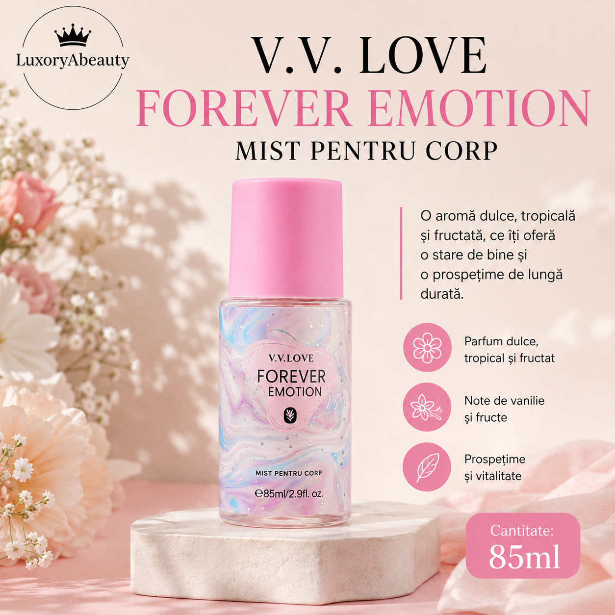 Set 4 Sprayuri Parfumate de Corp V.V. LOVE – 4 x 85 ml, Arome Diferite