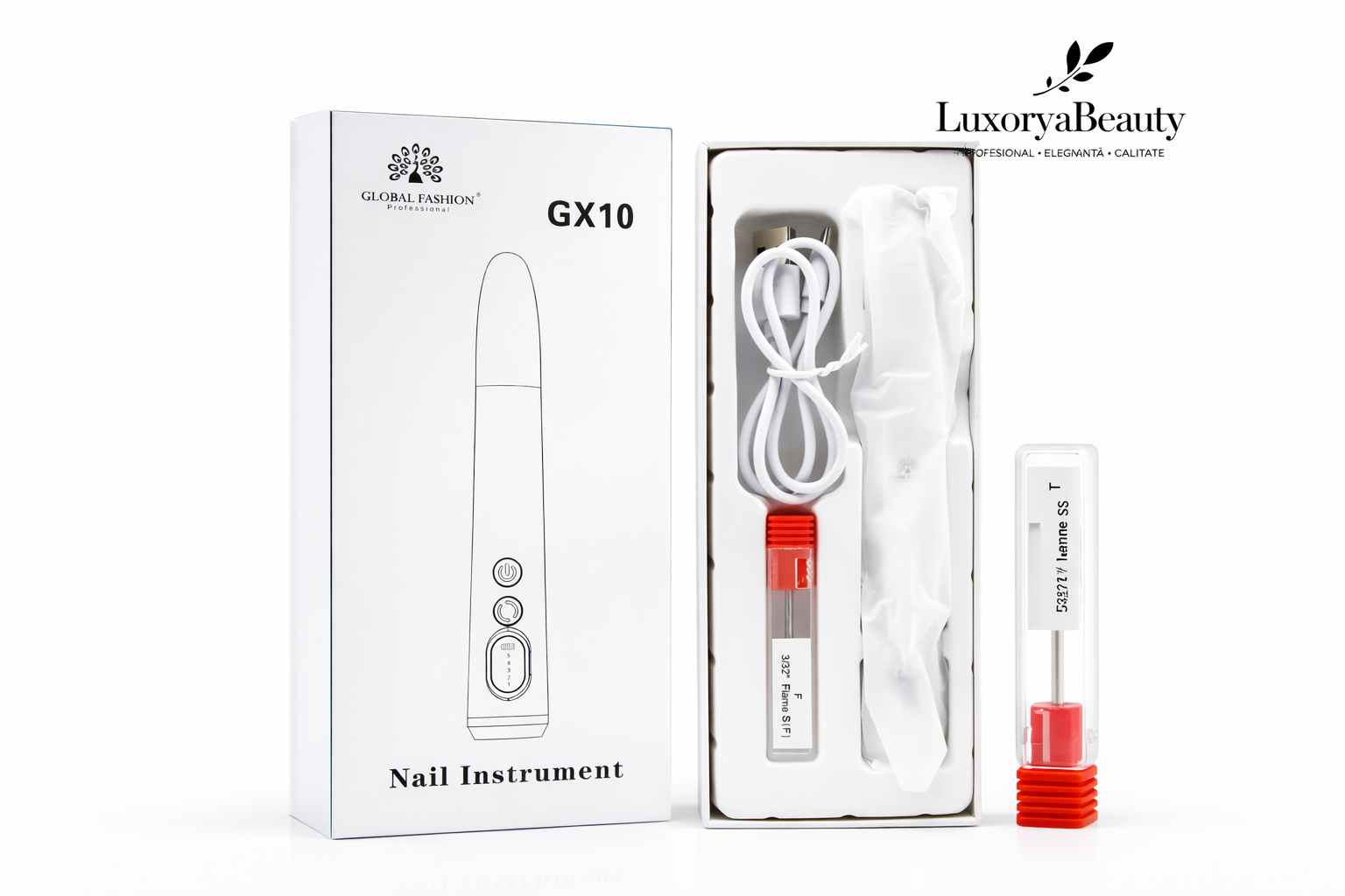 Freză electrică unghii 2W 18.000 RPM Global Fashion GX10 Alb – Aparat manichiură & pedichiură profesional cu lanternă UV, wireless