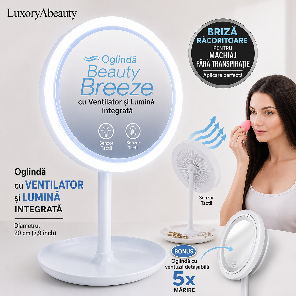Oglindă LED cu Ventilator, Funcție Touch și Zoom 5X - Înclinare 180°, Alimentare Duală USB și Baterii AA, Dimensiuni 33,5x20x17 cm, Alb