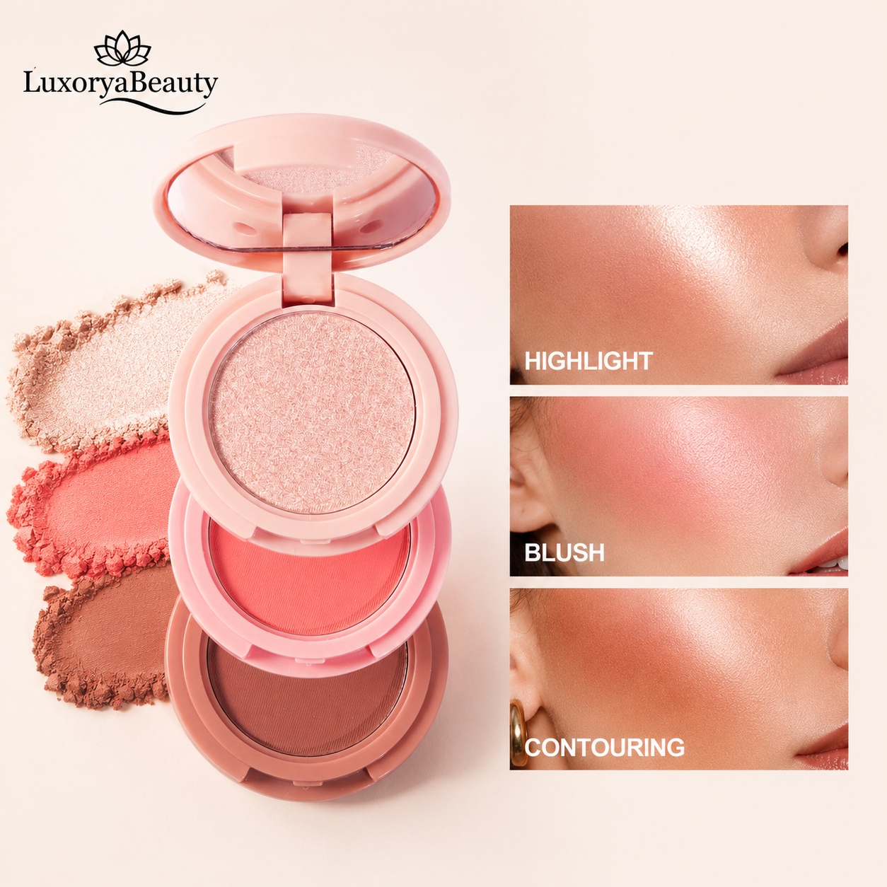 Paletă Iluminator, Blush și Contouring, 03 Handaiyan 3 în 1 Palette H3013 – Culori Mixte, Finish Natural și Luminos Culori Mixte, Finish Natural și Luminos