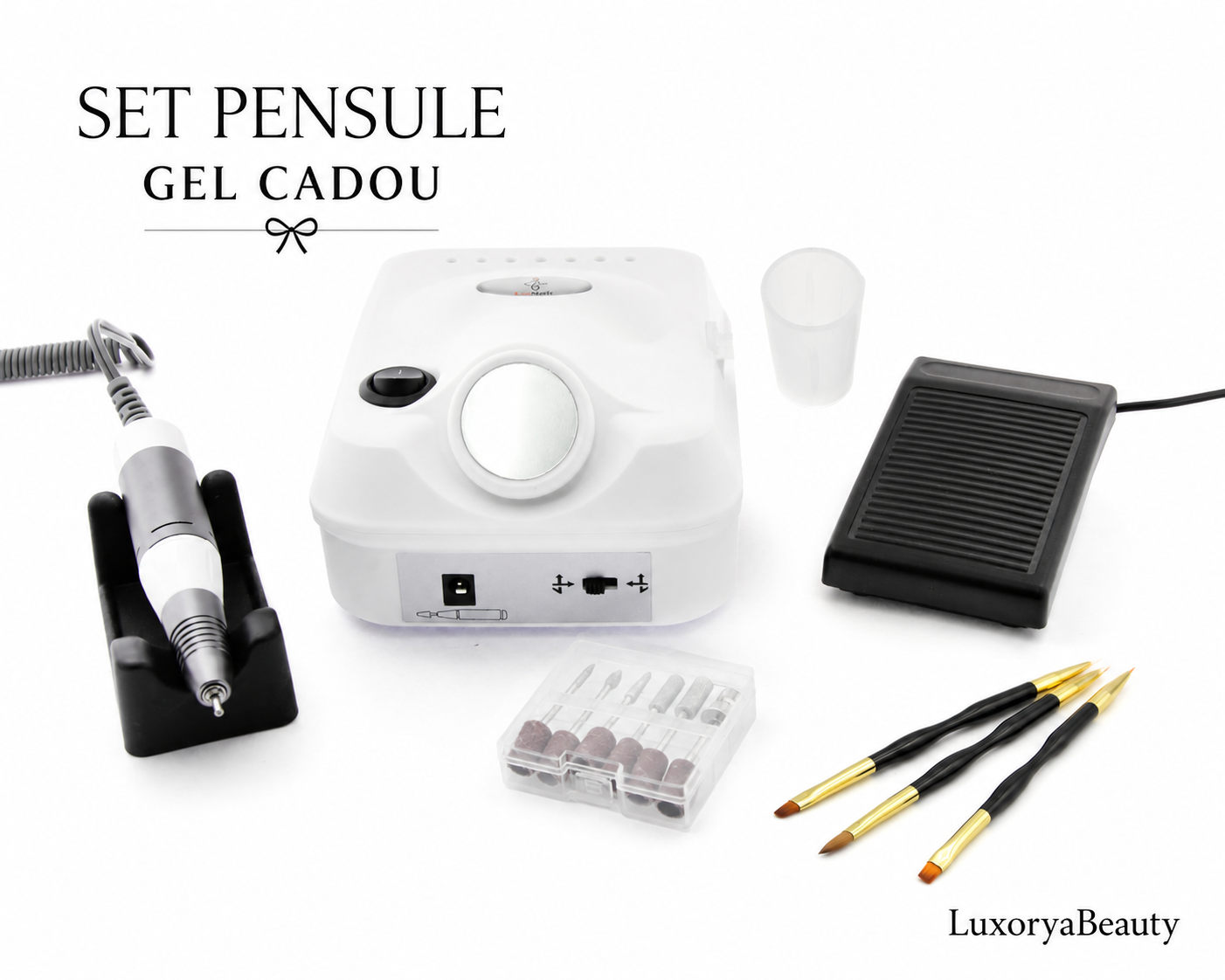 Freză Profesională Manichiură și Pedichiură Bee Nails BN-335, 45000 RPM, 65W, Albă + Set 3 pensule pentru gel cadou