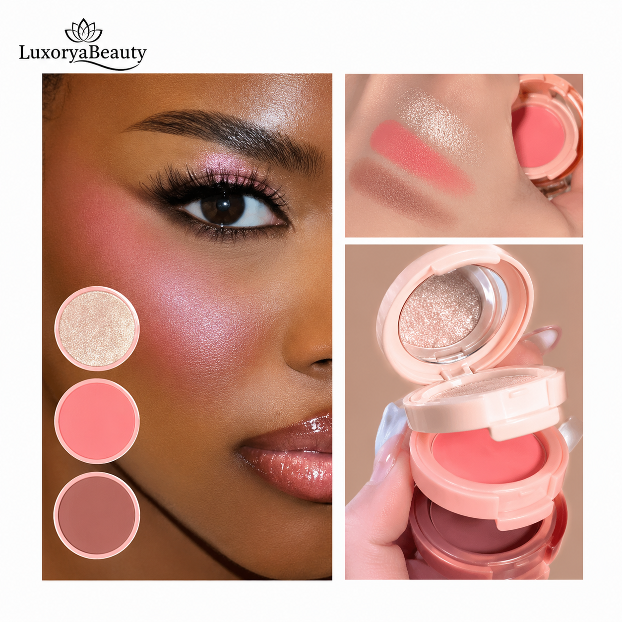 Paletă Iluminator, Blush și Contouring 01 Handaiyan 3 în 1 Palette H3013 - Culori Mixte, Finish Natural și Luminos