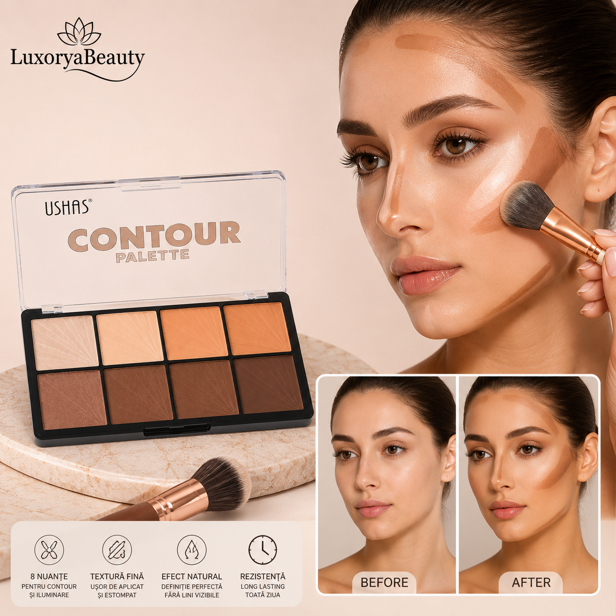 Paletă Contur și Iluminator Profesională Ushas UFC005B – 8 Nuanțe pentru Conturare, Bronzare și Iluminare Naturală