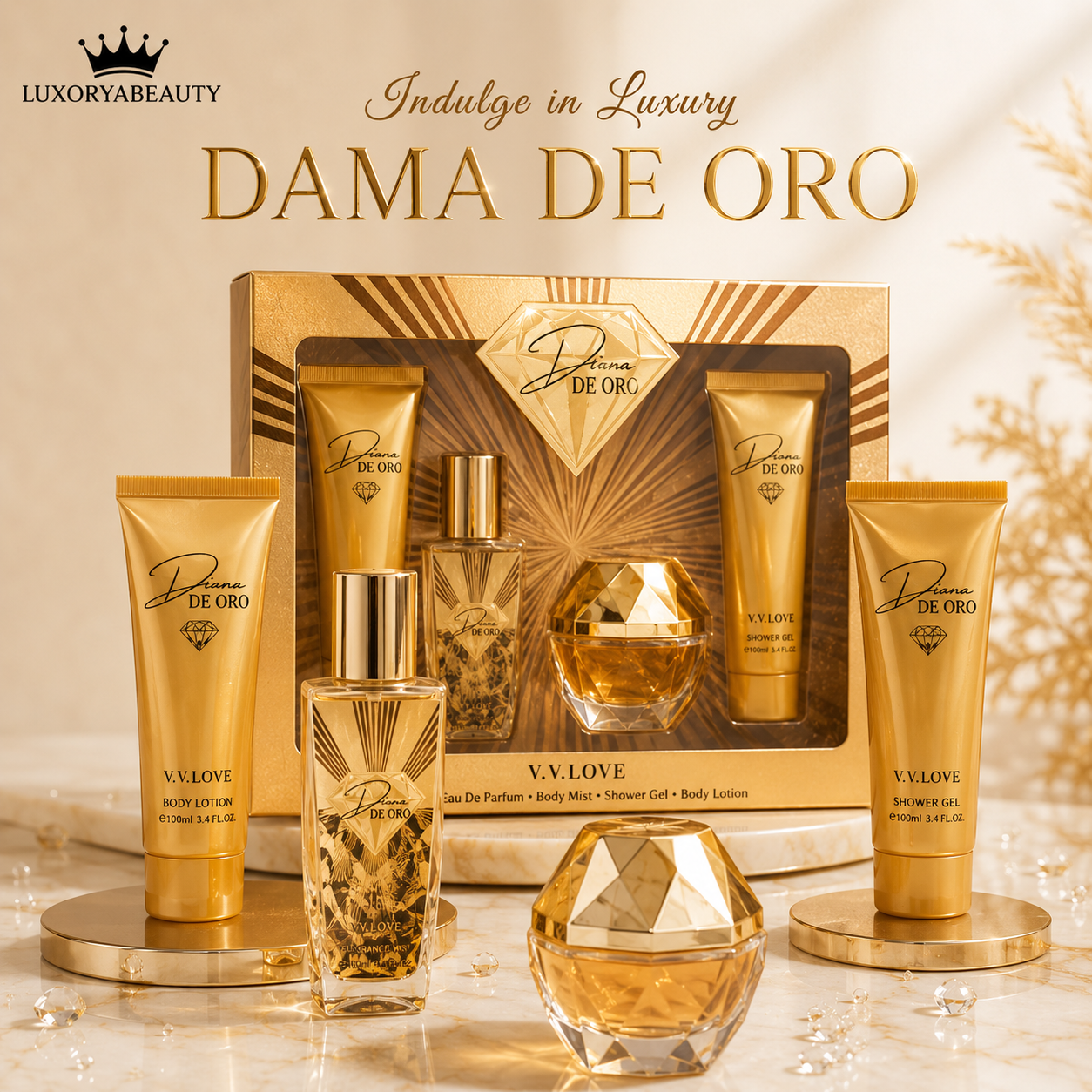 Set Cadou Dama De Oro 4 Piese Luxury – Parfum, Body Mist, Body Lotion și Shower Gel