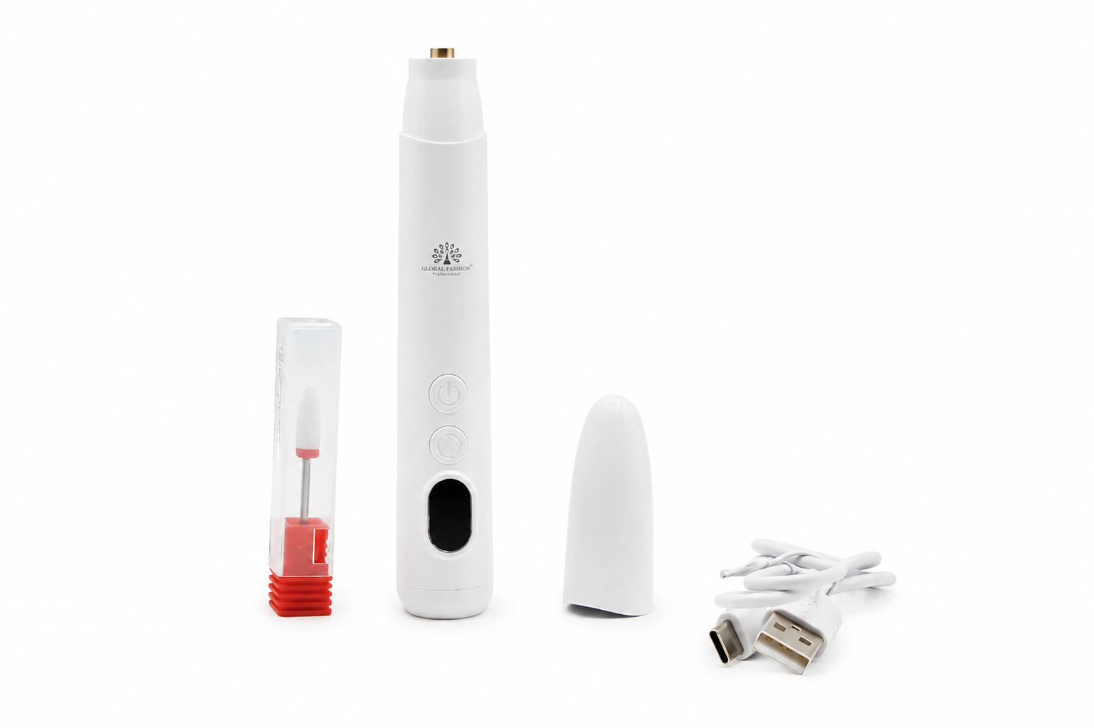 Freză electrică unghii 2W 18.000 RPM Global Fashion GX10 Alb – Aparat manichiură & pedichiură profesional cu lanternă UV, wireless