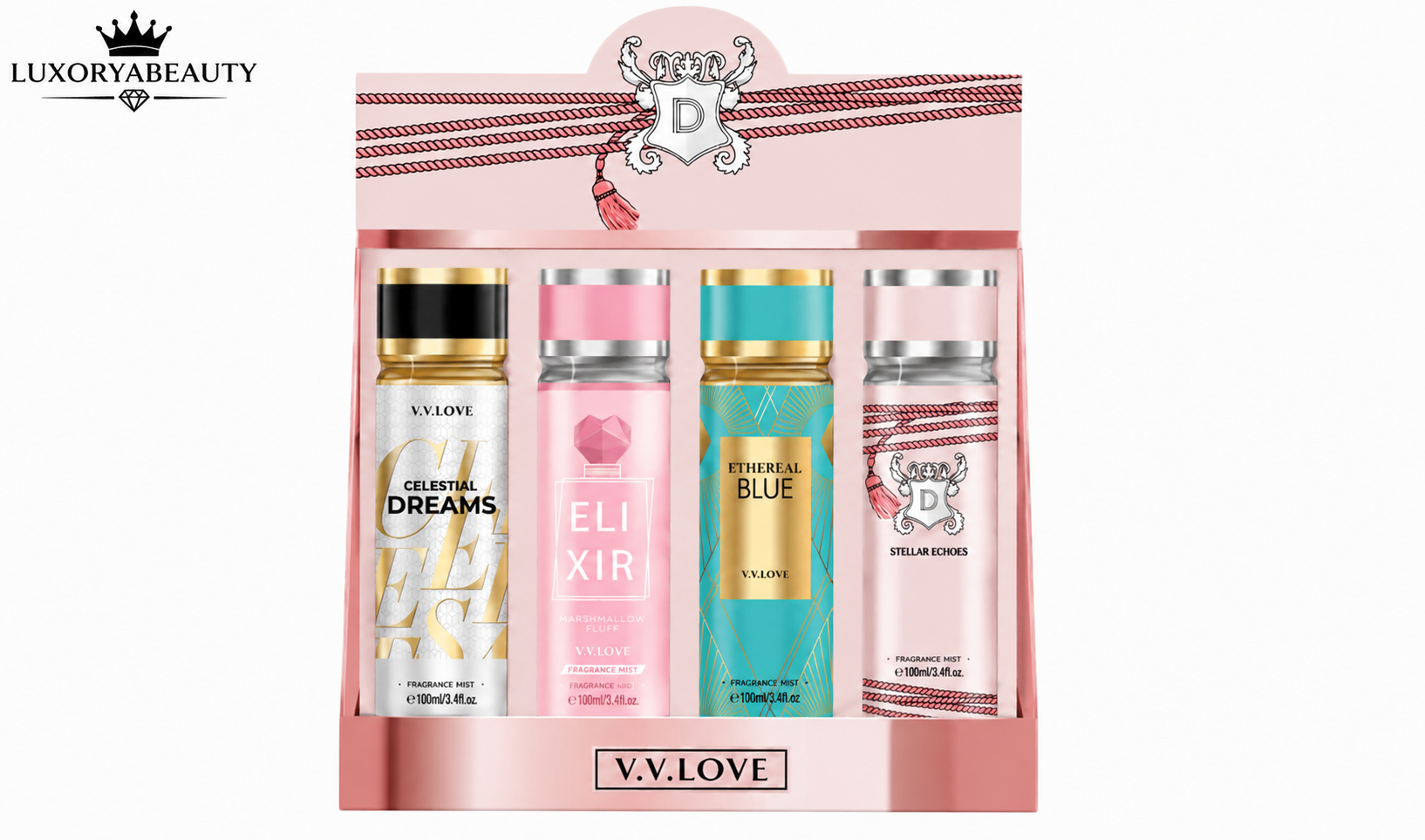 Set Sprayuri Parfumate Damă V.V.LOVE VL9058-76 – 4 Arome Exclusive, 100 ml fiecare, Body Mist pentru Corp și Păr