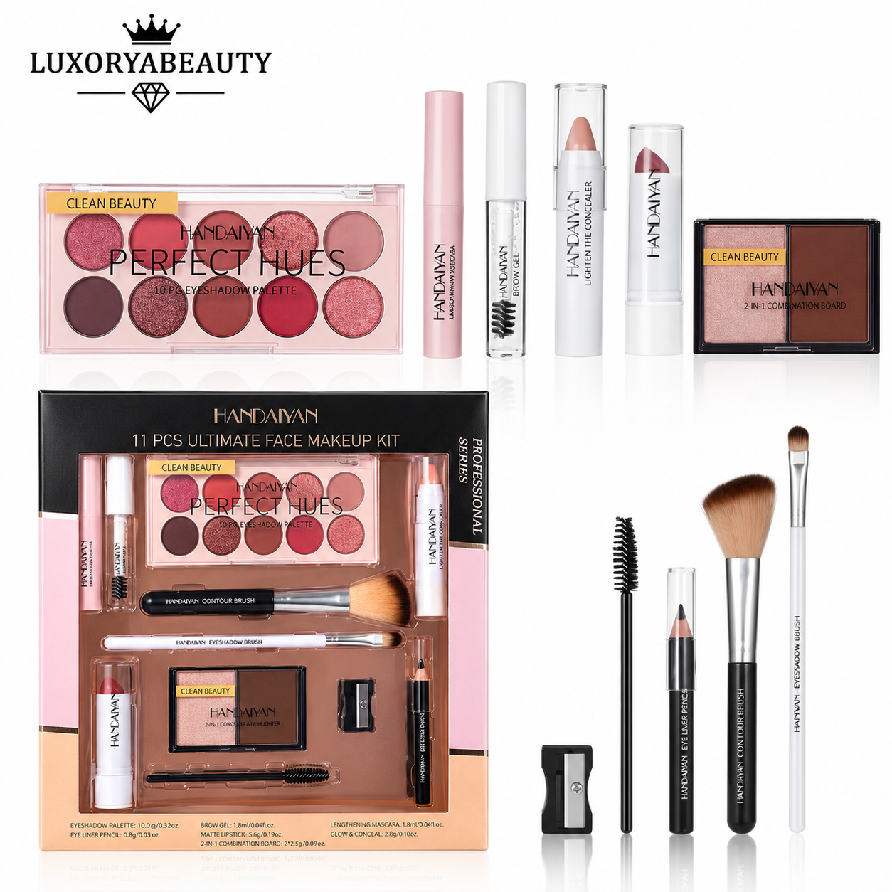 Set Machiaj Complet HANDAIYAN H9010 – 11 Produse Profesionale pentru Machiaj de Zi și Seară | Paletă Farduri, Mascara, Corector, Ruj și Accesorii