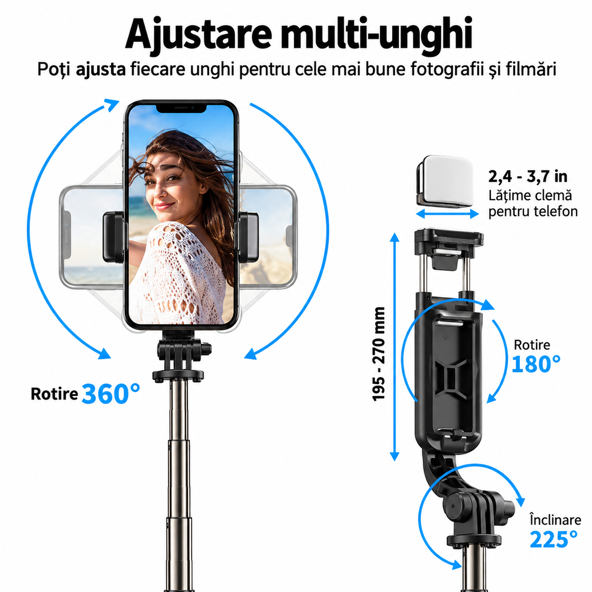 Selfie stick Bluetooth cu trepied si LED,  extensibil 100 cm, Negru