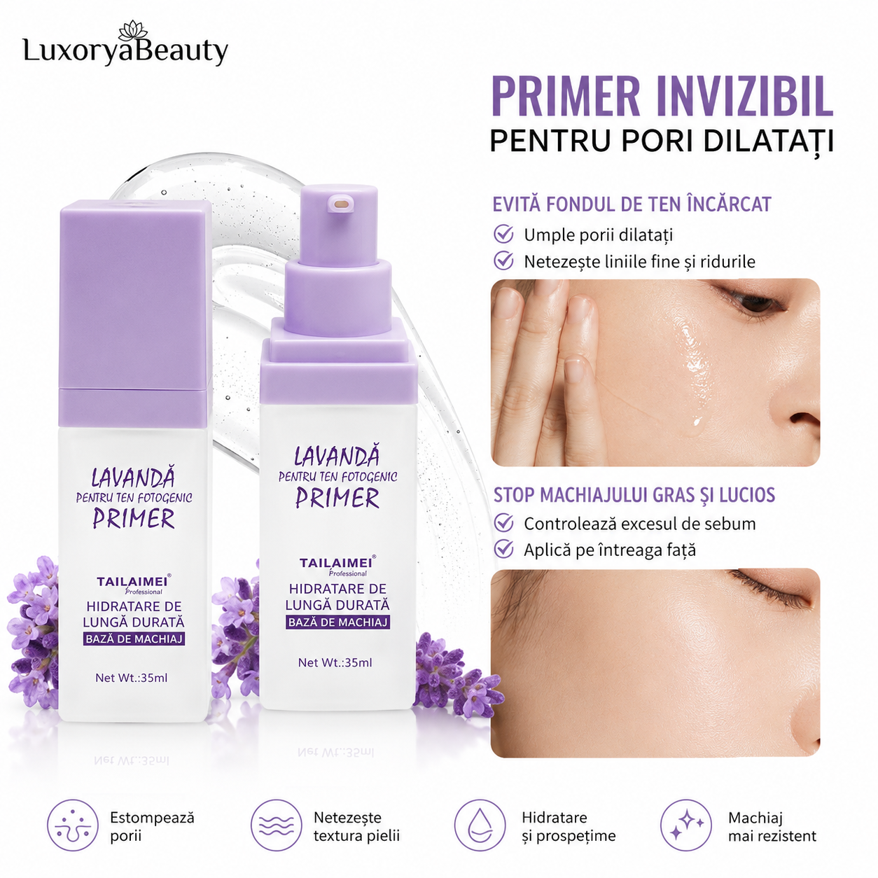 Primer Lavandă Hidratant 24H Tailaimei F259 – Bază de Machiaj cu Efect de Netezire, Hidratare Intensă și Rezistență Îndelungată 30ml