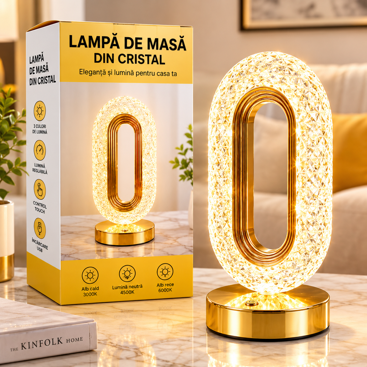 Lampă LED Decorativă 26x12x10cm, Ovală cu Suport si Touch Control, Model Cristal cu 3 Moduri de Lumina