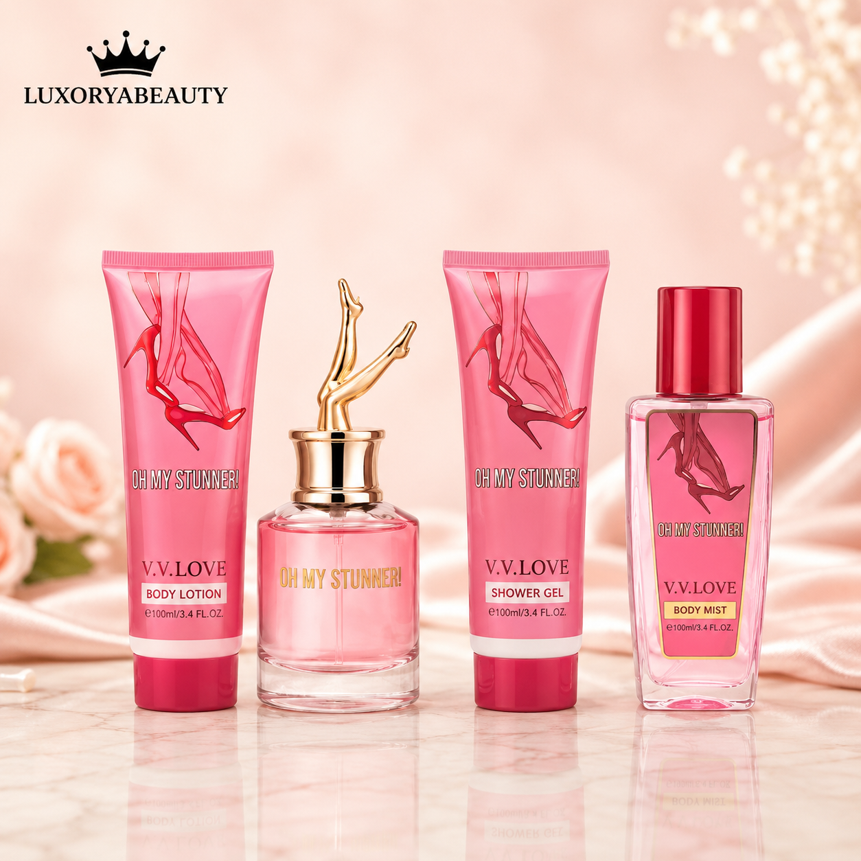 Set parfum Damă Oh My Stunner 4 Piese cu Parfum Dulce- Body Mist, Loțiune de Corp și Gel de Duș