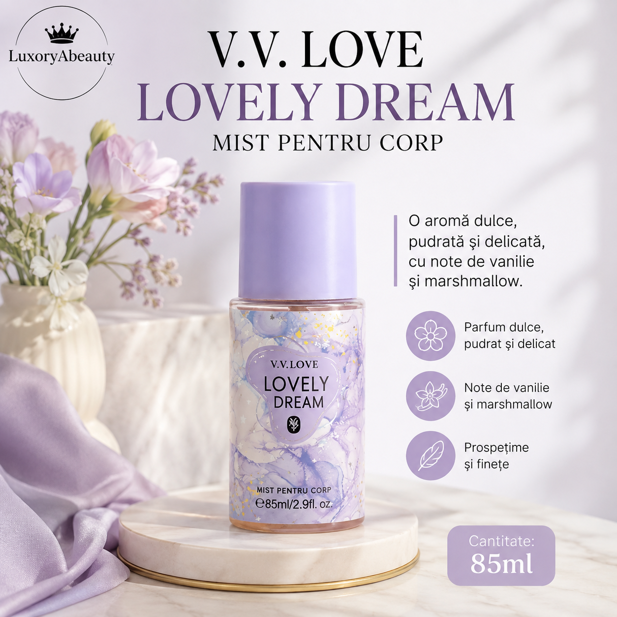 Set 4 Sprayuri Parfumate de Corp V.V. LOVE – 4 x 85 ml, Arome Diferite