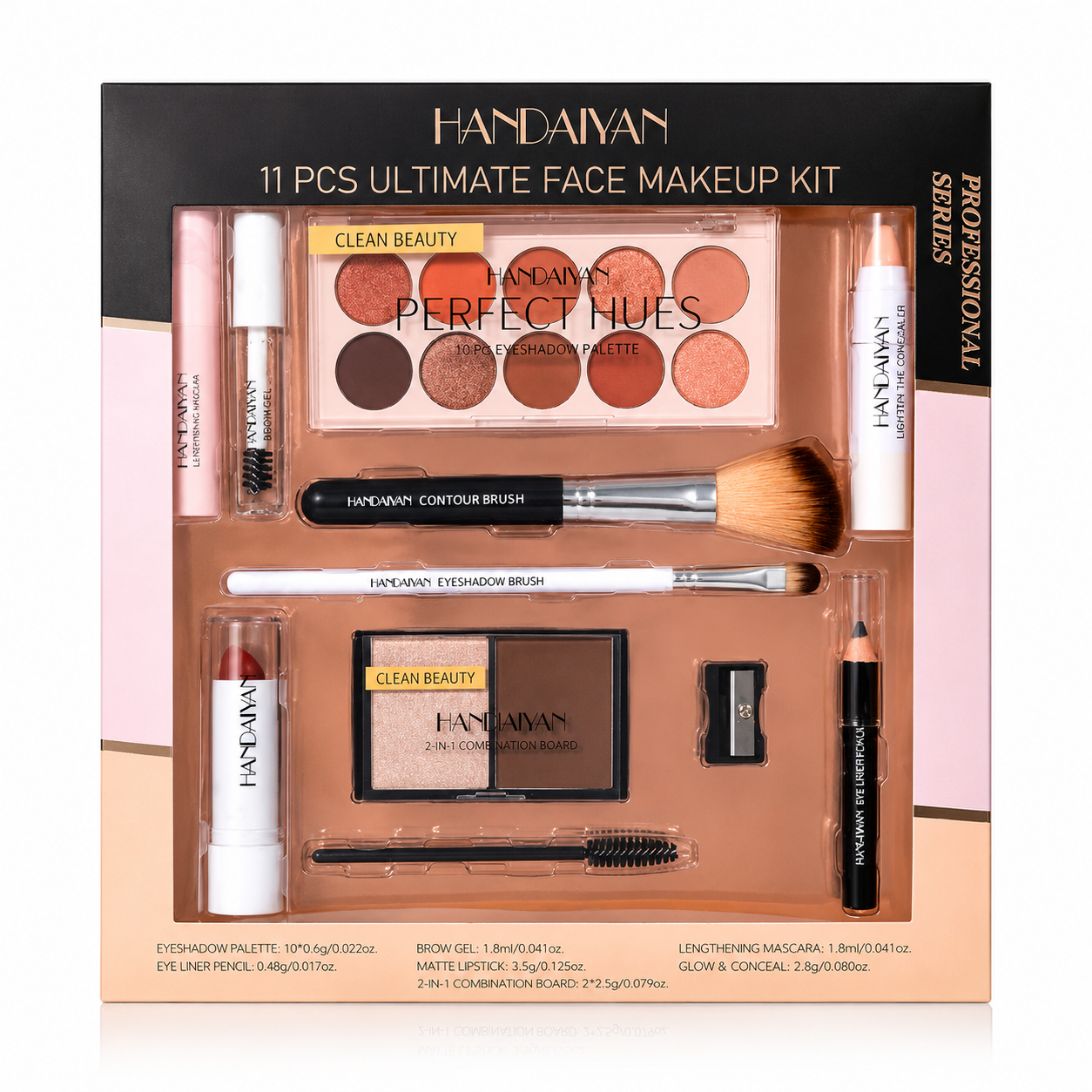 Set Machiaj Complet HANDAIYAN H9010 – 11 Produse Profesionale pentru Machiaj de Zi și Seară | Paletă Farduri, Mascara, Corector, Ruj și Accesorii