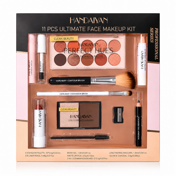 Set Machiaj Complet HANDAIYAN H9010 – 11 Produse Profesionale pentru Machiaj de Zi și Seară | Paletă Farduri, Mascara, Corector, Ruj și Accesorii