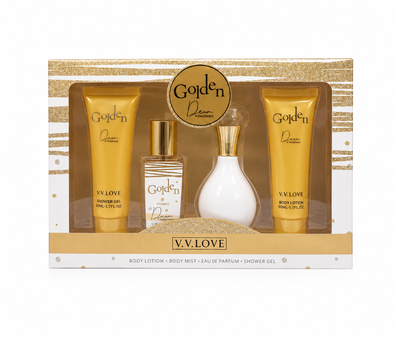 Set parfum femei Golden Dew Porcelain  cu parfum 30 ml, body mist 30 ml, loțiune de corp 50 ml și gel de duș 50 ml.
